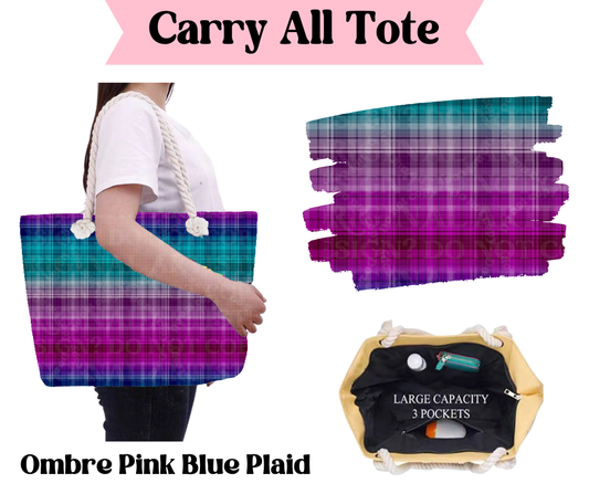 Preorder! Closes 3/31. ETA June. Ombre Pink Blue Plaid Carry All Tote