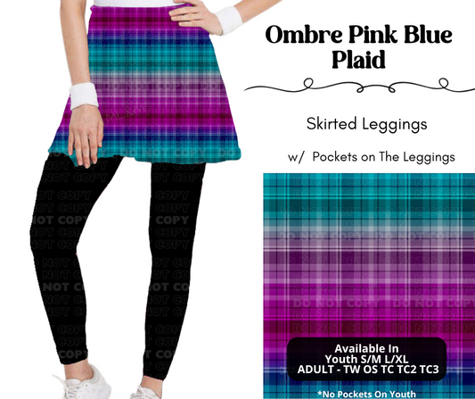 Preorder! Closes 4/7. ETA July. Ombre Pink Blue Plaid Skirted Full Length Leggings w/ Pockets