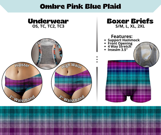 Preorder! Closes 3/13. ETA June. Ombre Pink Blue Plaid Hipster & High Waist Underwear & Boxer Briefs