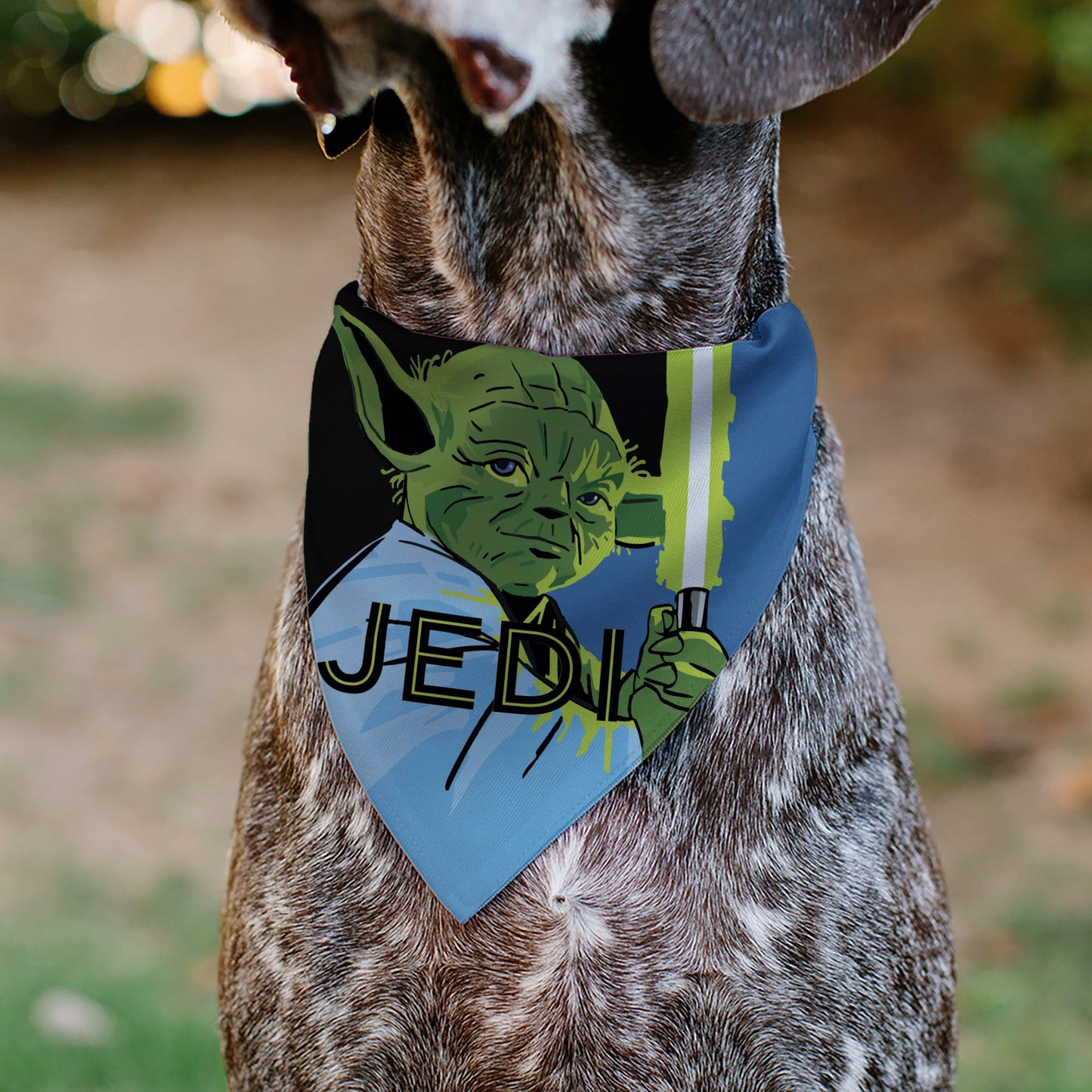 Pet Bandana - Star Wars JEDI Text and Yoda Lightsaber Pop Art Pose Black/Blues