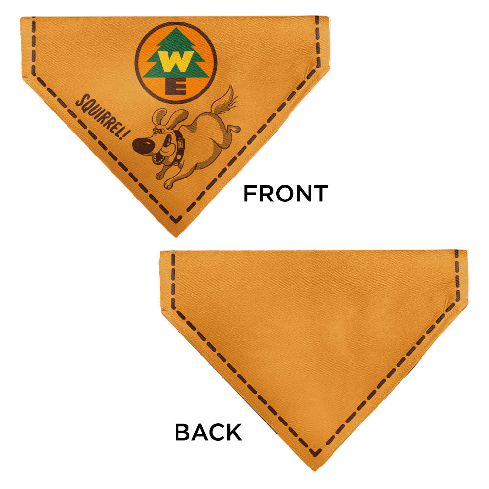 Pet Bandana - Up Dug SQUIRREL Pose and Wilderness Explorer Badge Orange