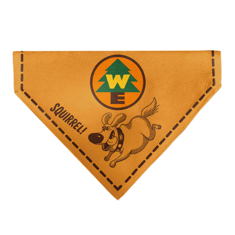 Pet Bandana - Up Dug SQUIRREL Pose and Wilderness Explorer Badge Orange