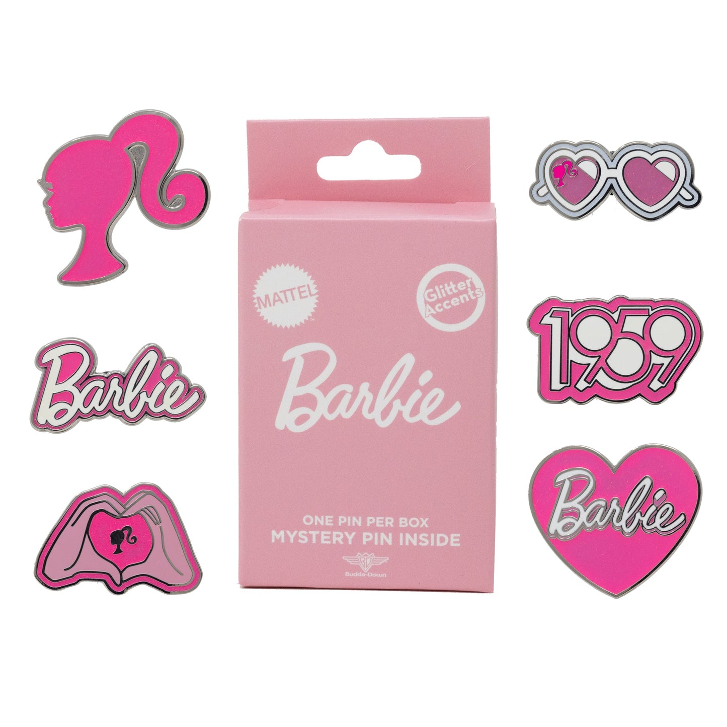 Barbie Mystery Enamel Pin Blind Box Series, Barbie Hand Heart, Barbie 1959 Logo, Barbie Ponytail Silhouette, Barbie Signature, Barbie Heart Sunglasses, or Barbie Heart Signature