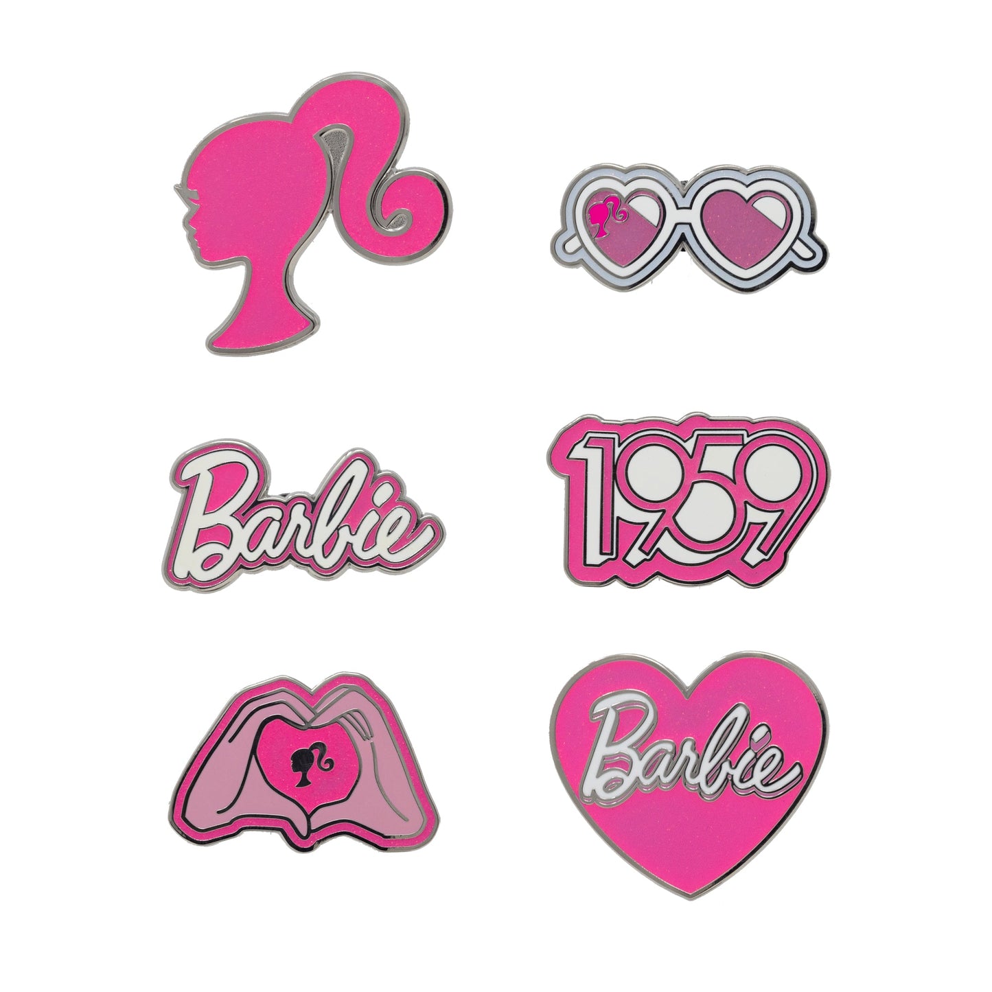 Barbie Mystery Enamel Pin Blind Box Series, Barbie Hand Heart, Barbie 1959 Logo, Barbie Ponytail Silhouette, Barbie Signature, Barbie Heart Sunglasses, or Barbie Heart Signature