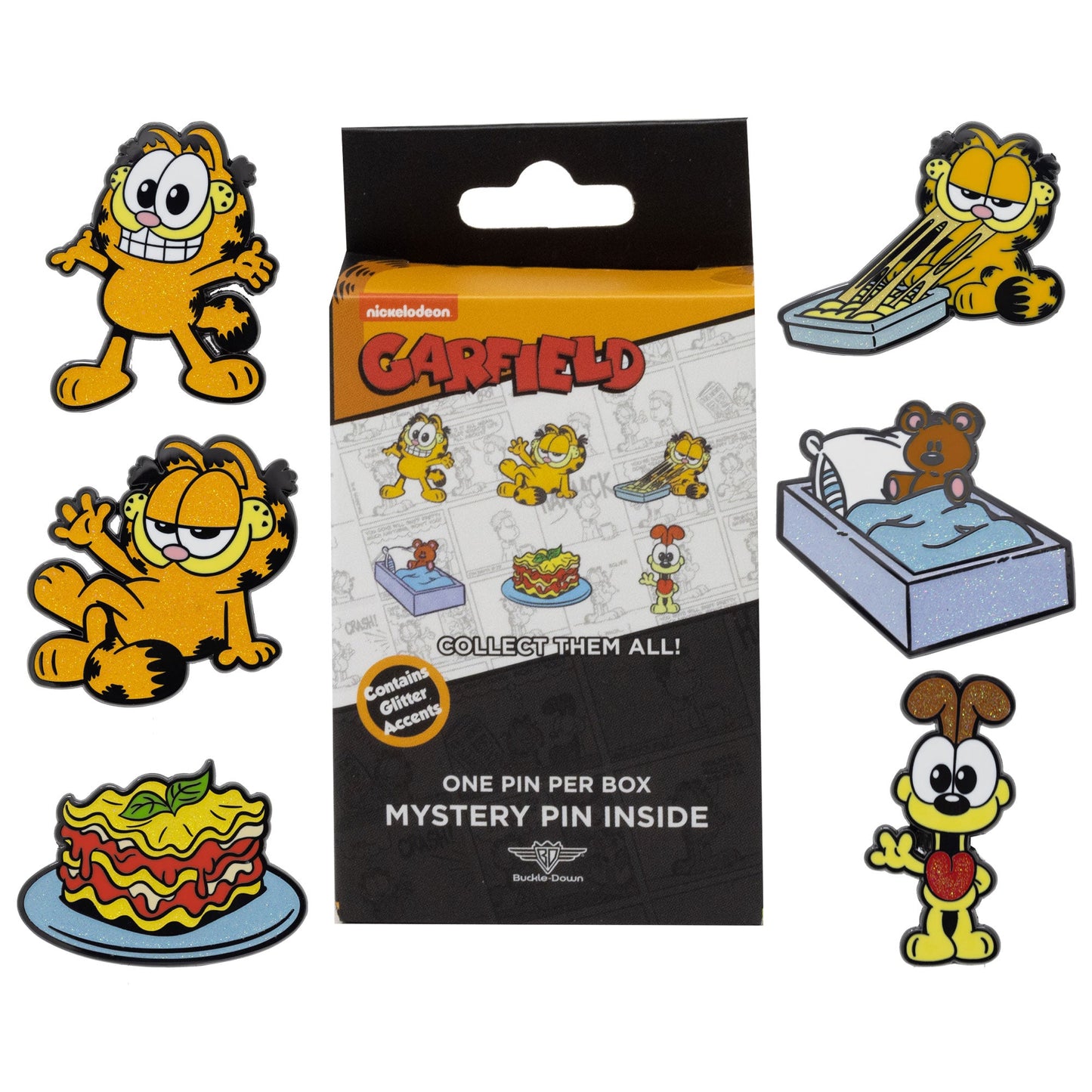 Garfield Mystery Enamel Pin Blind Box Series, Garfield Standing, Garfield Lounging, Garfield Eating Lasagna, a Lasagna Plate, Odie Waving, or Pooky Teddy Bear