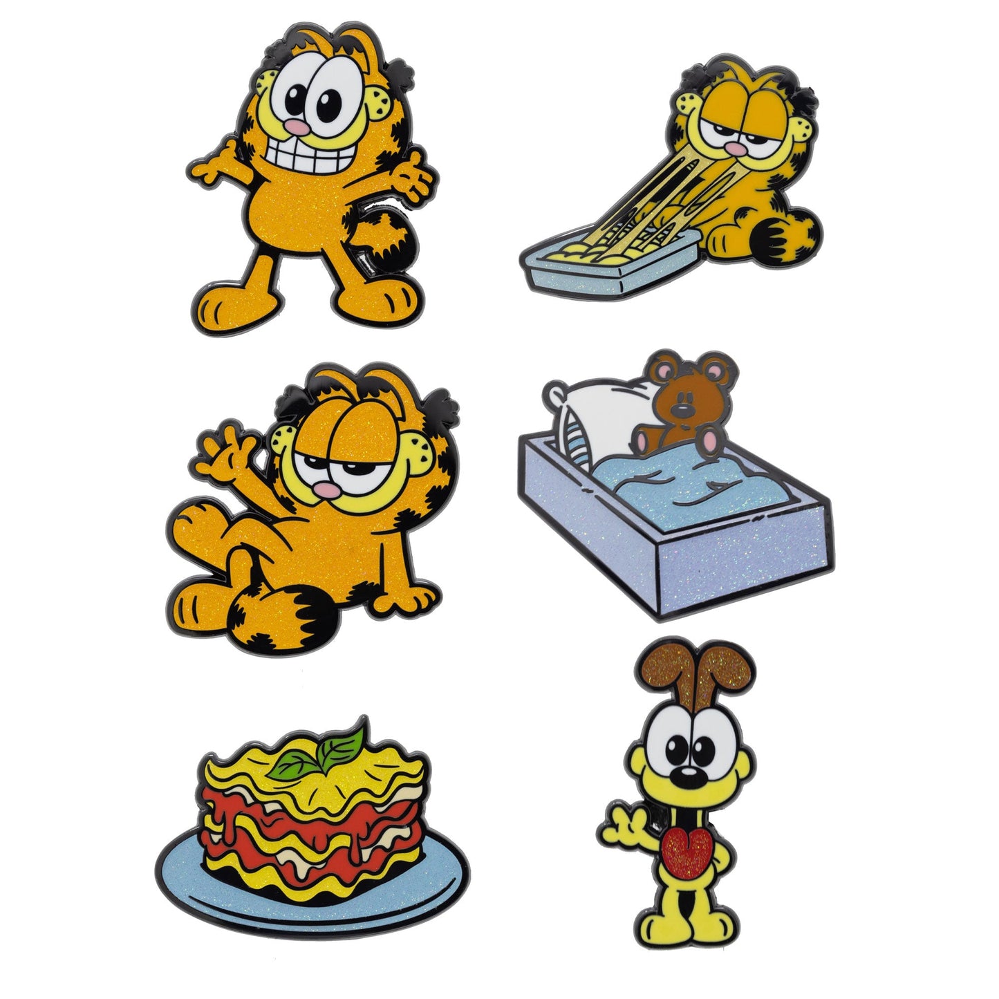 Garfield Mystery Enamel Pin Blind Box Series, Garfield Standing, Garfield Lounging, Garfield Eating Lasagna, a Lasagna Plate, Odie Waving, or Pooky Teddy Bear