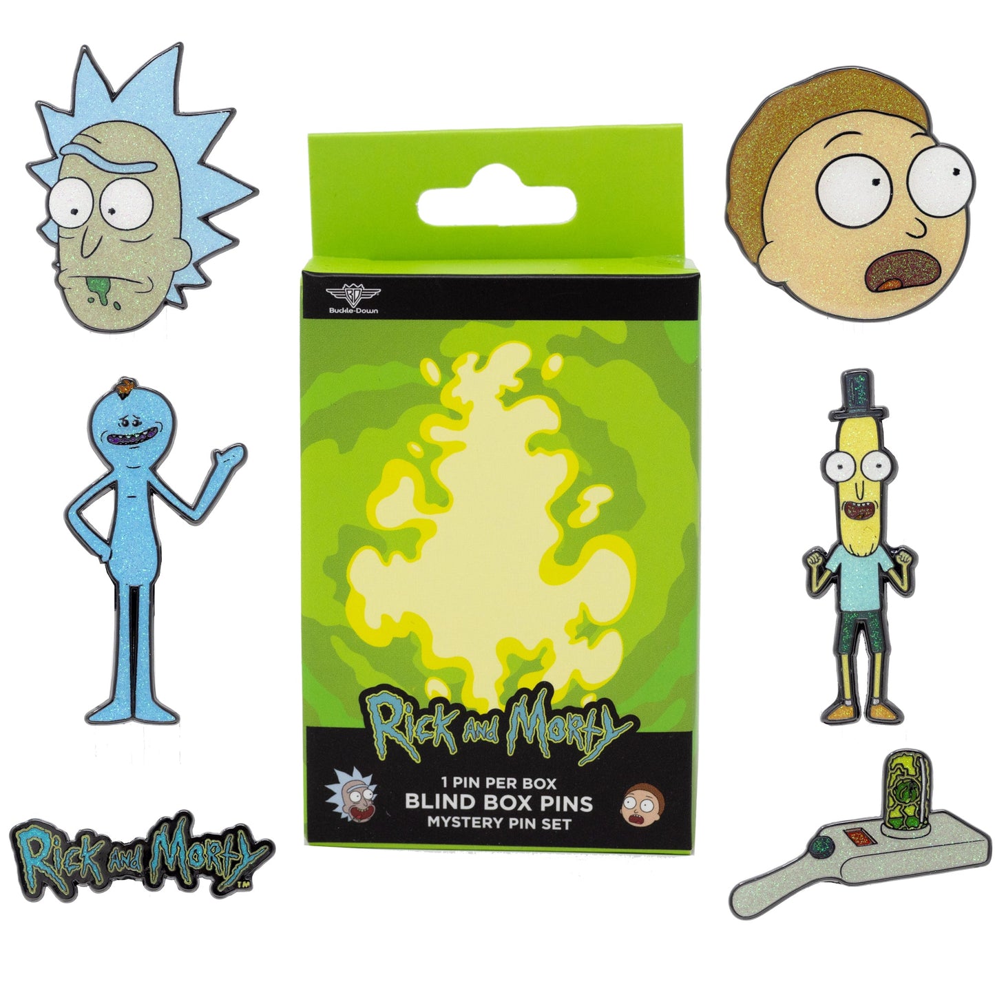 Rick and Morty Mystery Enamel Pin Blind Box Series, Rick, Morty, Mr. Poopybutthole, Mr. Meeseeks, Rick and Morty Title Logo, or a Portal Gun