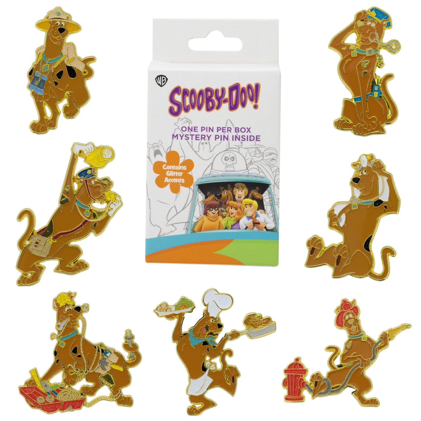 Scooby Doo Mystery Enamel Pin Blind Box Series, Scooby Doo as a Doctor, Detective, Policeman, Safari Adventurer, Chef, Construction Worker, or Firefighter