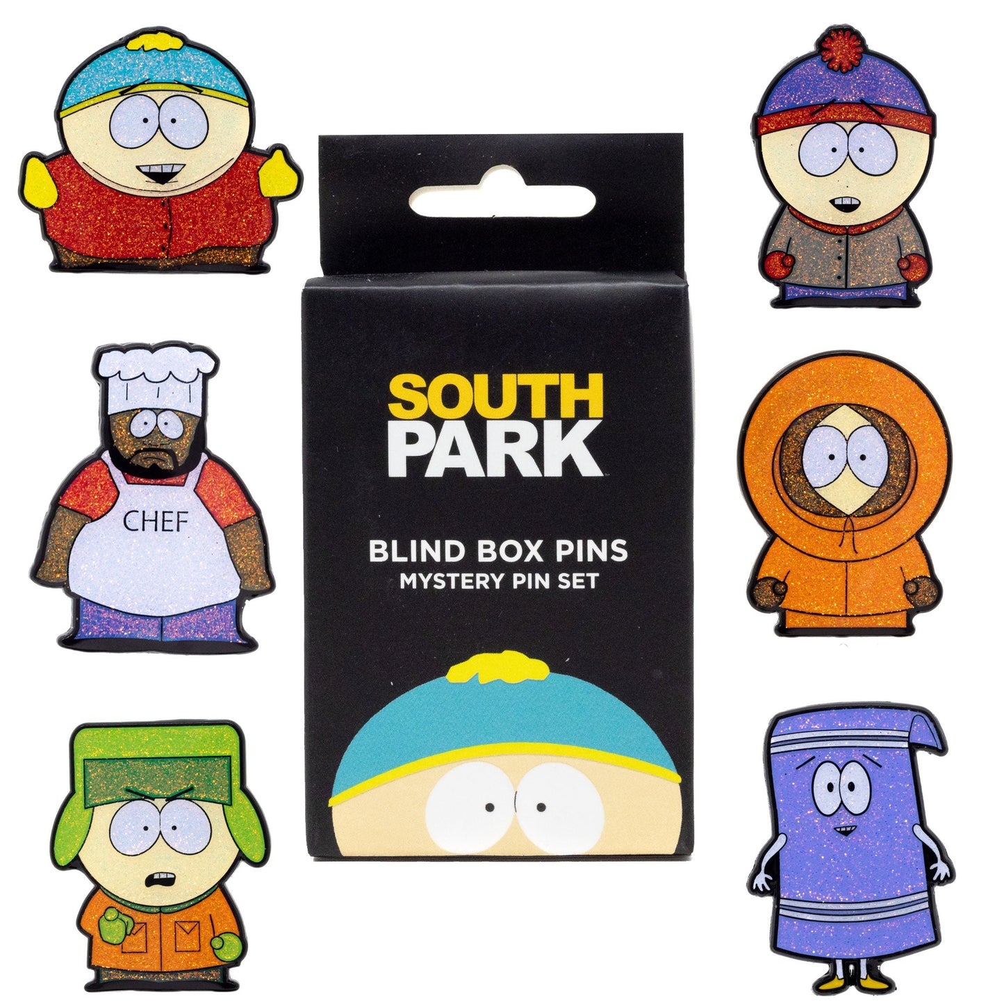 South Park Blind Box Glitter Enamel Pin Series - Mystery Character Cartman, Kyle, Chef, Kenny, Stan, or Towelie