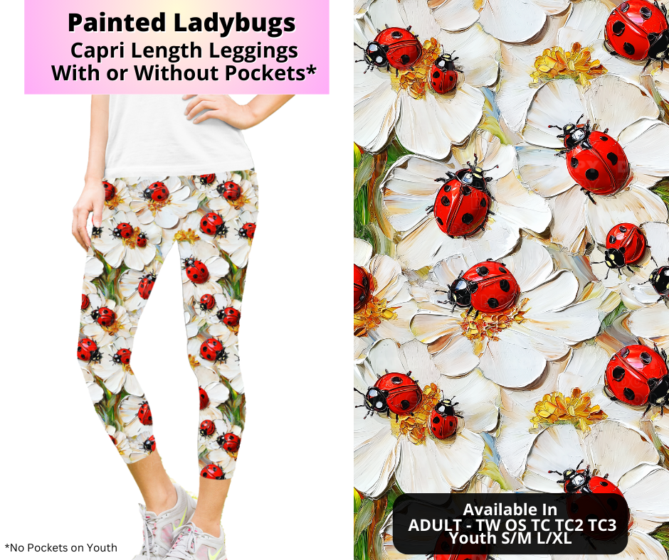 Preorder! Closes 4/2. ETA July. Painted Ladybugs Capri Length Leggings w/wo Pockets