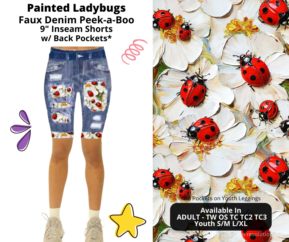 Preorder! Closes 3/5. ETA June. Painted Ladybugs Faux Denim Peekaboo Jamaica Shorts