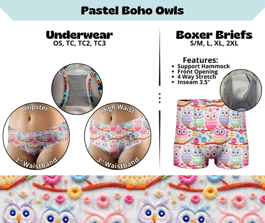 Preorder! Closes 3/13. ETA June. Pastel Boho Owls Hipster & High Waist Underwear & Boxer Briefs