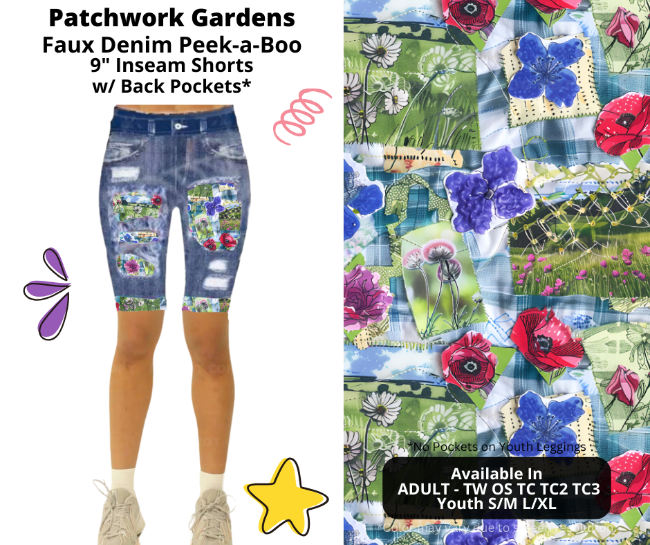 Preorder! Closes 3/5. ETA June. Patchwork Gardens Faux Denim Peekaboo Jamaica Shorts