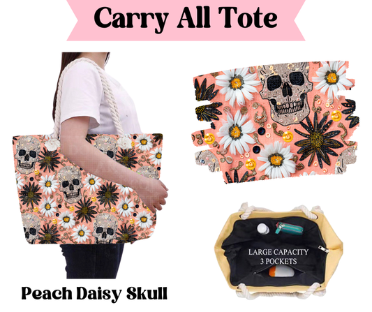 Preorder! Closes 3/31. ETA June. Peach Daisy Skull Carry All Tote