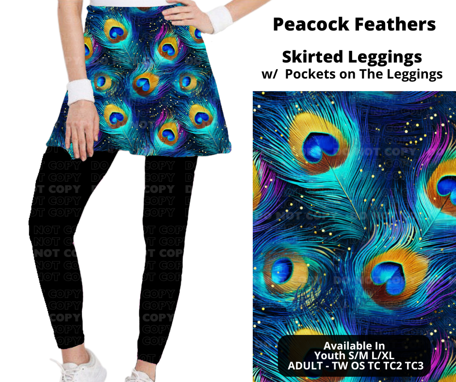 Preorder! Closes 11/25. ETA Jan. Peacock Feathers Skirted Full Length Leggings w/ Pockets