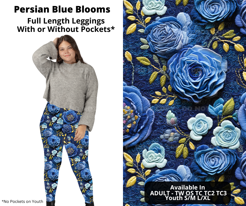 Preorder! Closes 11/7. ETA Jan. Persian Blue Blooms Full Length Leggings w/wo Pockets