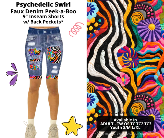 Preorder! Closes 3/5. ETA June. Psychedelic Swirl Faux Denim Peekaboo Jamaica Shorts