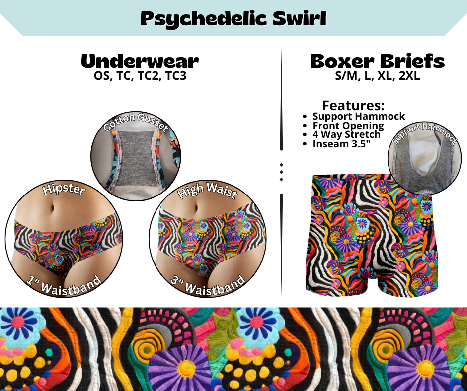 Preorder! Closes 3/13. ETA June. Psychedelic Swirl Hipster & High Waist Underwear & Boxer Briefs