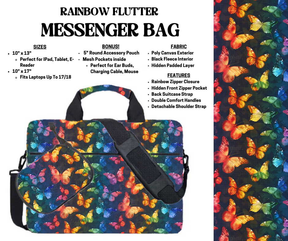 Preorder! Closes 4/3. ETA July. Rainbow Flutter Messenger Bags