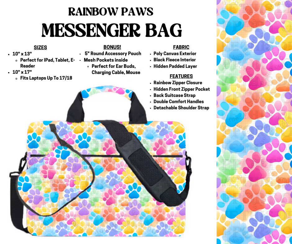 Preorder! Closes 4/3. ETA July. Rainbow Paws Messenger Bags