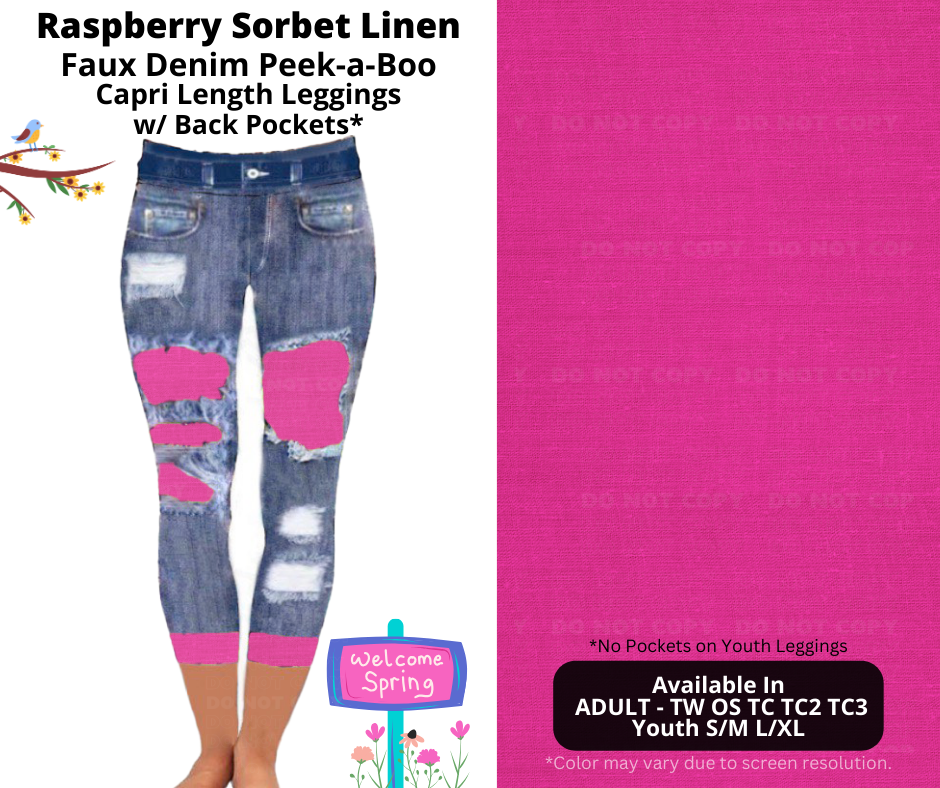 Preorder! Closes 1/13. ETA April. Raspberry Sorbet Linen Capri Faux Denim Peekaboo