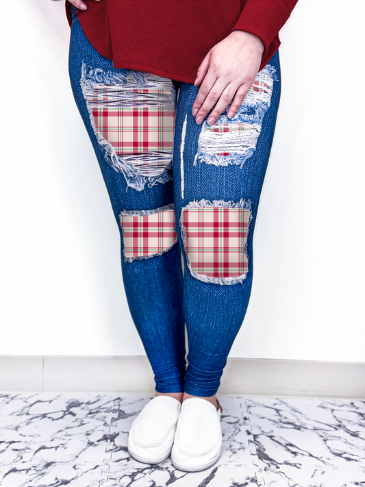 Red Plaid Denim Leggings w/ Back Pockets