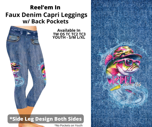 Preorder! Closes 3/19. ETA June. Reel'em In Capris Faux Denim w/ Side Leg Designs