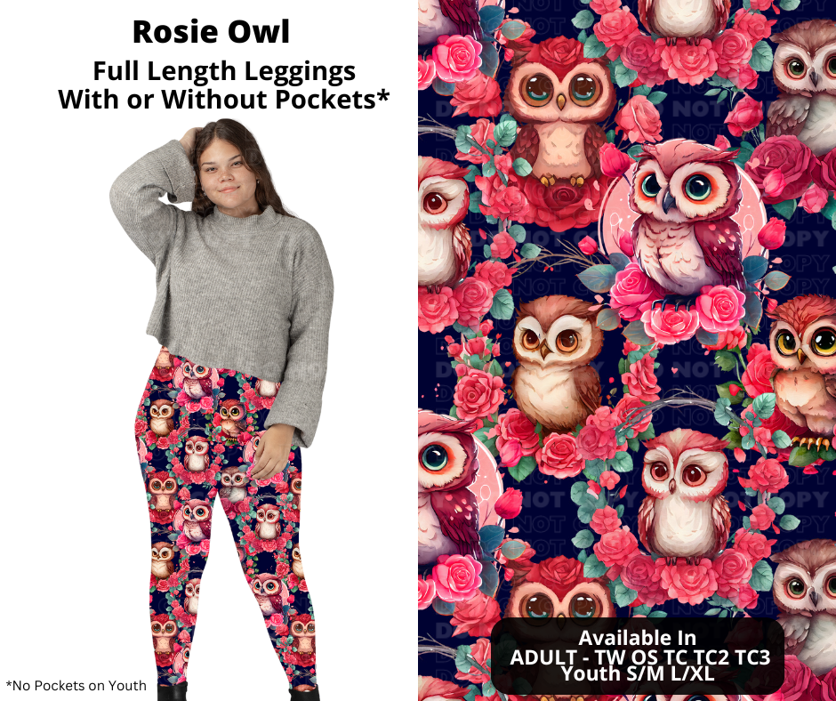 Preorder! Closes 11/28. ETA Feb. Rosie Owl Full Length Leggings w/wo Pockets