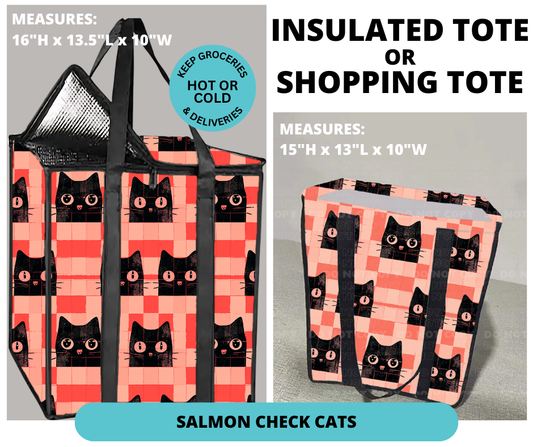 Preorder! Closes 12/30. ETA March. Salmon Check Cats Shopping or Insulated Tote