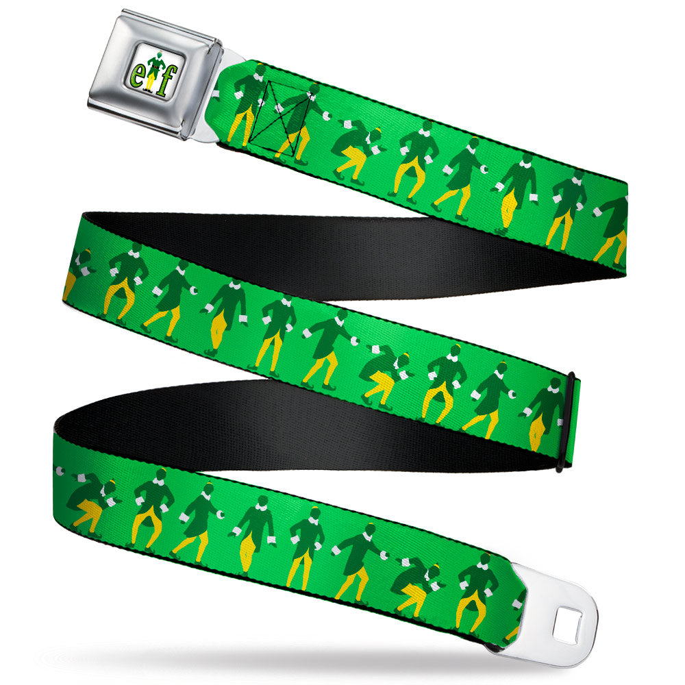 ELF Buddy the Elf Logo Full Color White/Greens/Yellow Seatbelt Belt - Elf Buddy the Elf Silhouette Poses Greens/White/Yellow Webbing