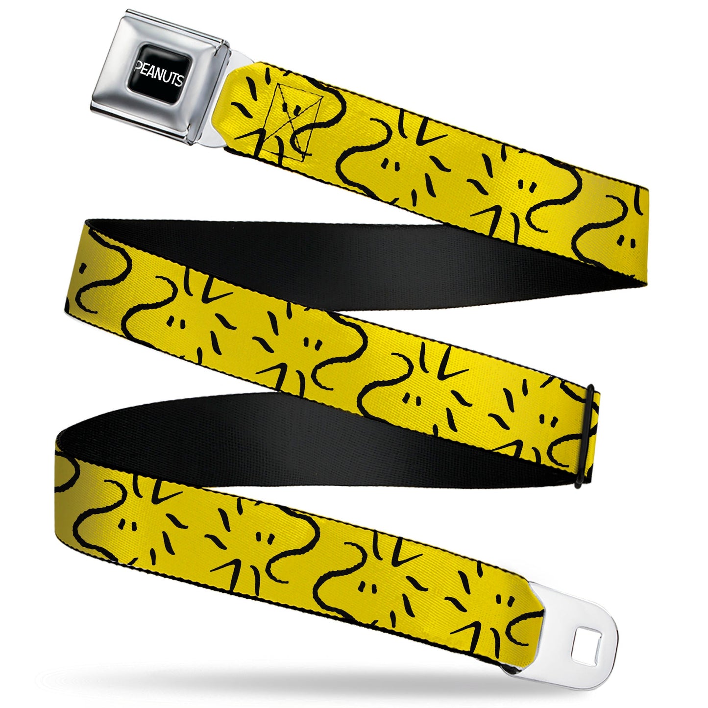 PEANUTS Title Logo Full Color Black/White Seatbelt Belt - Peanuts Woodstock Line Face Line Art Yellow/Black Webbing