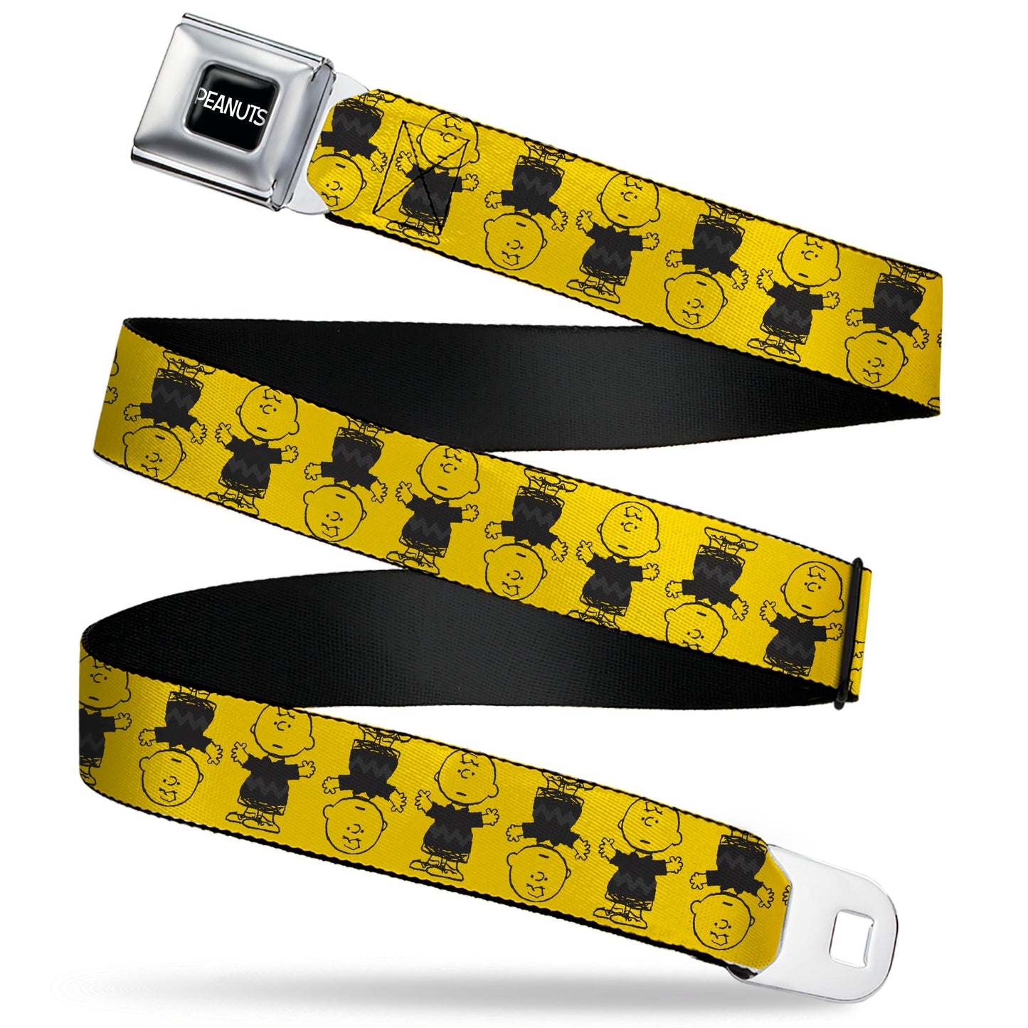 PEANUTS Title Logo Full Color Black/White Seatbelt Belt - Peanuts Charlie Brown Pose Flip Yellow/Black Webbing