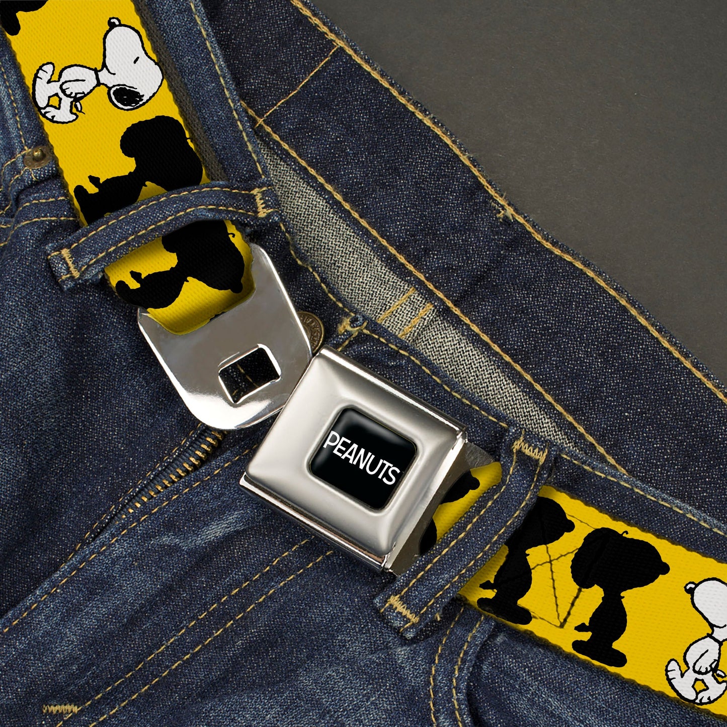 PEANUTS Title Logo Full Color Black/White Seatbelt Belt - Peanuts Snoopy Walking/Silhouette Pose Yellow/Black/White Webbing