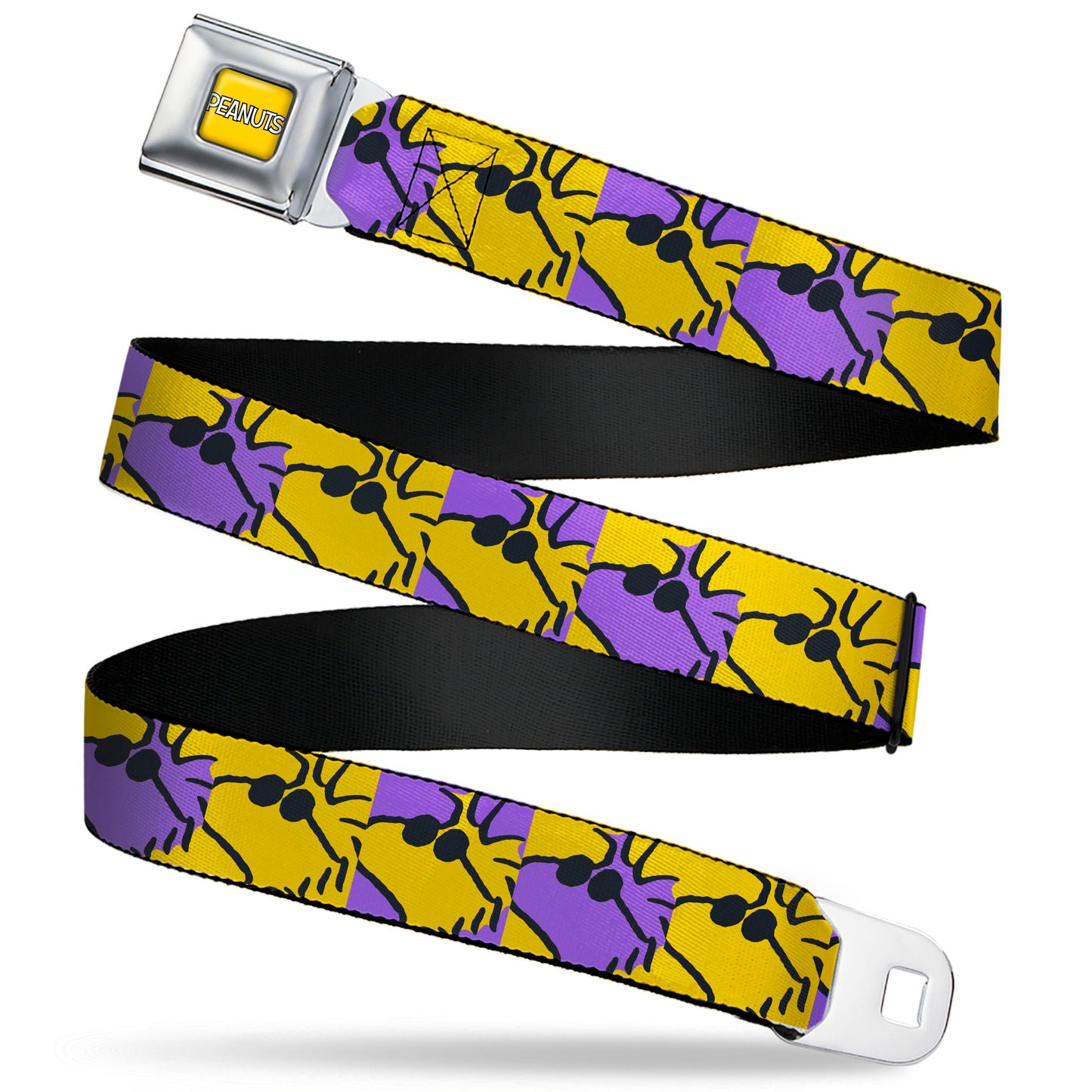 PEANUTS Title Logo Full Color Yellow/White Seatbelt Belt - Peanuts Woodstock Shades Pose Blocks Blue/Yellow/Black Webbing