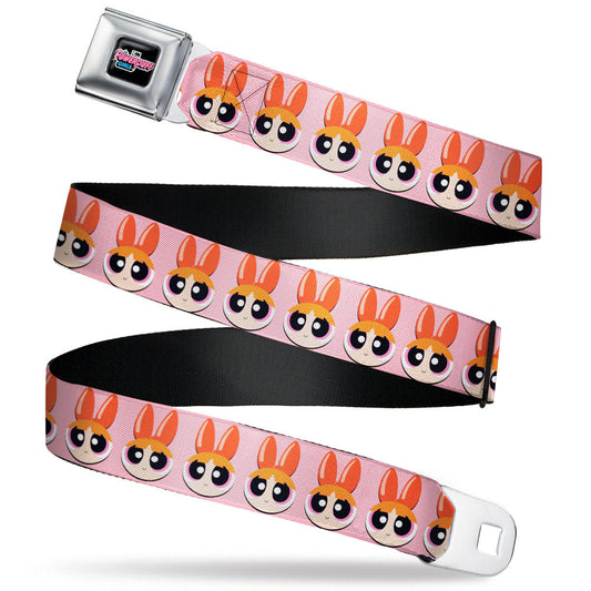 THE POWERPUFF GIRLS Animated Series Title Logo Full Color Black Seatbelt Belt - The Powerpuff Girls Blossom Face Close-Up Pink Webbing