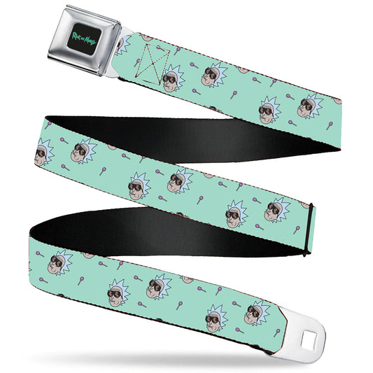 RICK AND MORTY Text Logo Full Color Black/Blue Seatbelt Belt - Rick and Morty Rick Lollipop Pose Scattered Teal Webbing