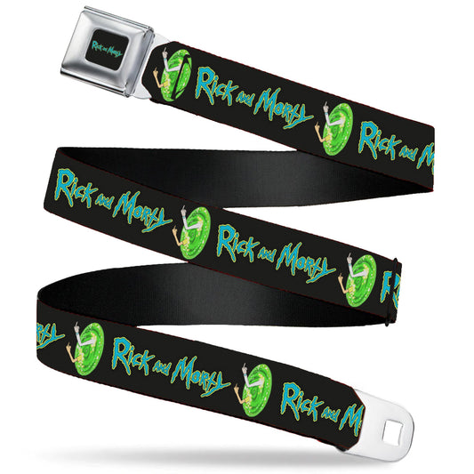 RICK AND MORTY Text Logo Full Color Black/Blue Seatbelt Belt - RICK AND MORTY Title Logo and Middle Finger Portal Jump Black Webbing