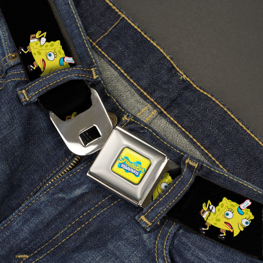 SpongeBob SquarePants Logo Full Color Yellows/Blues Seatbelt Belt - Mocking SpongeBob SquarePants Pose Black Webbing