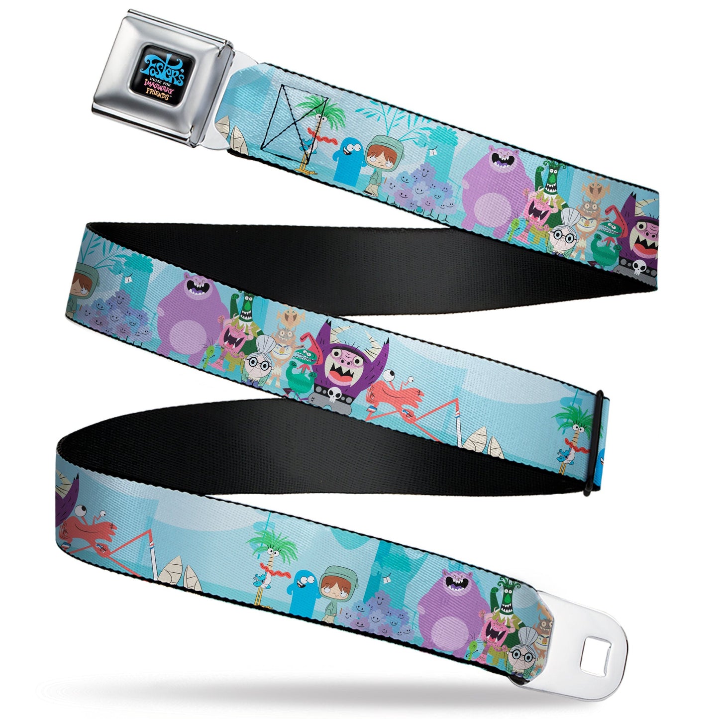 FOSTER'S HOME FOR IMAGINARY FRIENDS Title Logo Black/Multi Color Seatbelt Belt - Foster's Home for Imaginary Friends Group Pose Blues Webbing