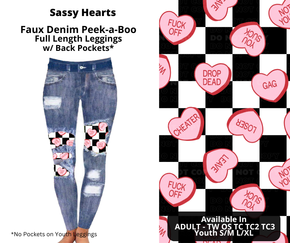 Preorder! Closes 11/20. ETA Jan. Sassy Hearts Faux Denim Peekaboo Full Length