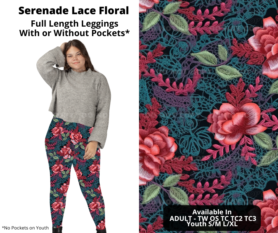 Preorder! Closes 11/11. ETA Jan. Serenade Lace Floral Full Length Leggings w/wo Pockets