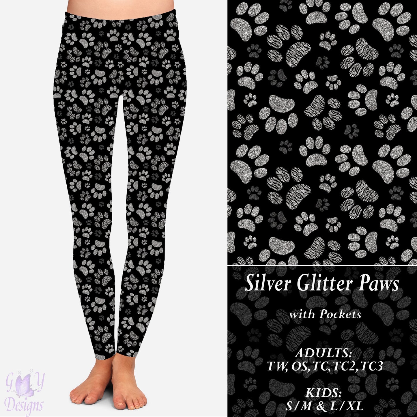 Silver Glitter Paws Leggings with Pockets Preorder Closes 11/13 ETA 6-8 weeks