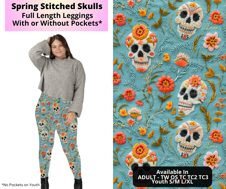 Preorder! Closes 4/2. ETA July. Spring Stitched Skulls Full Length Leggings w/wo Pockets