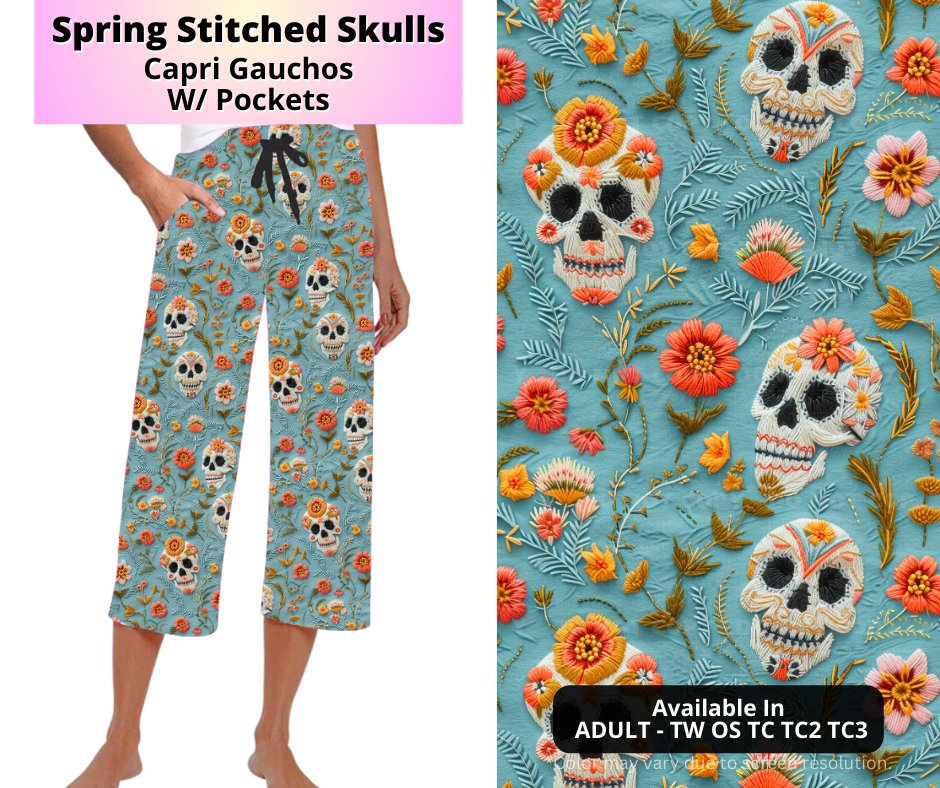 Preorder! Closes 4/2. ETA July. Spring Stitched Skulls Capri Gauchos