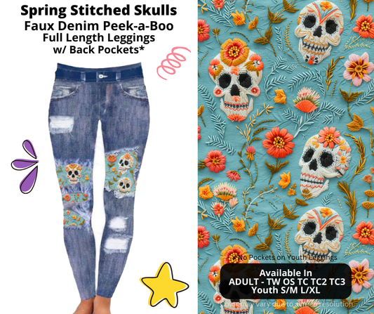 Preorder! Closes 3/5. ETA June. Spring Stitched Skulls Full Length Faux Denim Peekaboo