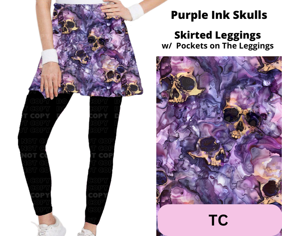 Purple Ink Skulls Skirted Full Length Leggings w/ Pockets