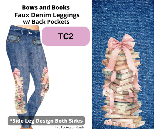 Bows and Books Full Length Faux Denim w/ Side Leg Designs