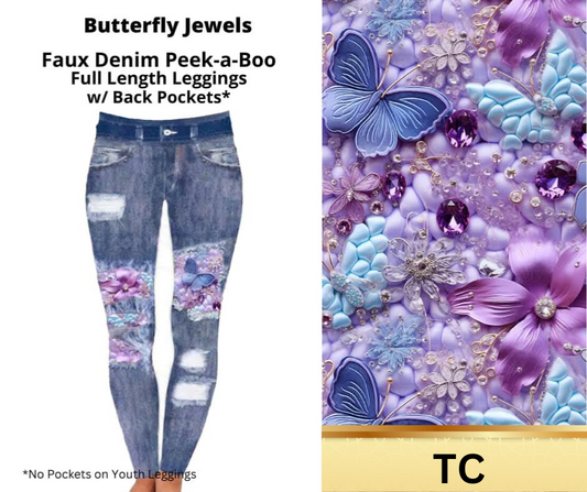 Butterfly Jewels Faux Denim Full Length Peekaboo Leggings