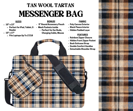 Preorder! Closes 4/3. ETA July. Tan Wool Tartan Messenger Bags