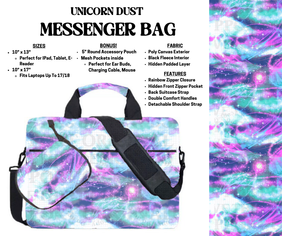 Preorder! Closes 4/3. ETA July. Unicorn Dust Messenger Bags